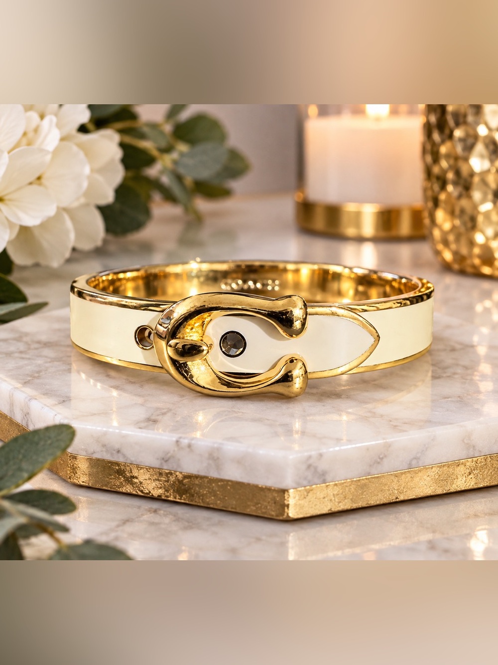 Coach Gold-Tone Cream Enamel Buckle Bangle Bracelet